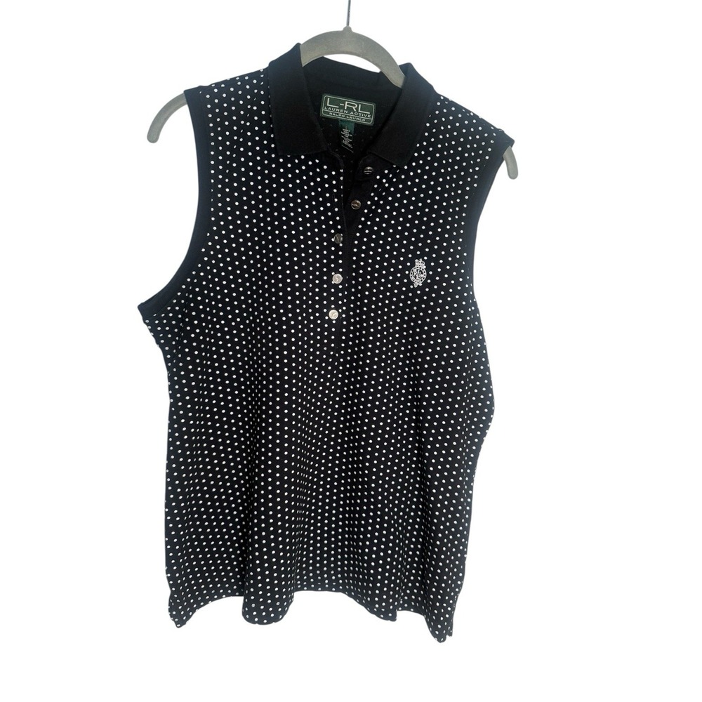 LRL Lauren Ralph Lauren Active VTG‎ Logo Crest Polo Top Black Golf Preppy polka